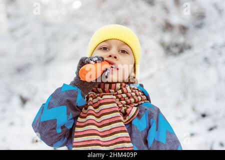 Un petit garçon aime l'extérieur sur la neige.Un garçon vêt de vêtements chauds piquit une carotte sur le nez d'un bonhomme de neige. Banque D'Images