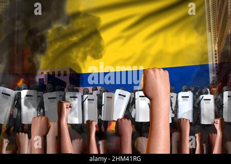 Protestation en Colombie - les gardes de police se tiennent contre la foule en colère sur fond de drapeau, concept d'arrêt de révolte, militaire 3D Illustration Banque D'Images