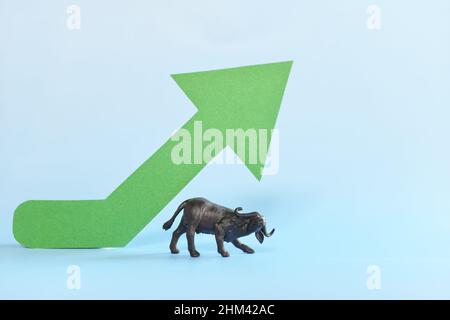 Flèche verte vers le haut à côté d'une figure d'animal de taureau. Marché haussier des actions et du concept d'échange de crypto-monnaies. Banque D'Images