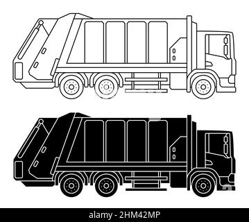 Dessin linéaire enfant pour livre de coloriage.Camion lourd de déchets urbains en linéaire.Machines et équipements industriels.Vecteur isolé sur fond blanc Illustration de Vecteur