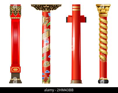 Ensemble vectoriel de colonnes orientales rouges de chinois et japonais, thaïlandais.Colonnes et décor Illustration de Vecteur