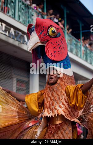 Interprète en costume de pigeon élaboré dans la rue pendant le Carnaval aux Seychelles. Banque D'Images