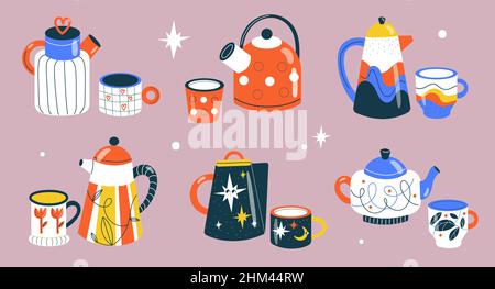 Tasses et théières.Jolies bouilloires à motifs, tasses en céramique, vaisselle amusante au design différent, mug à boissons chaudes, produits en porcelaine confortables, poterie de cuisine Illustration de Vecteur