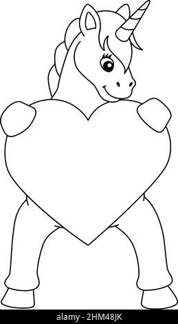 UNICORN embrassant Un coeur coloriage page isolée Illustration de Vecteur