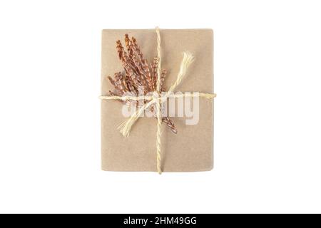 Boîte-cadeau en papier brun nouée avec un noeud en corde de jute et décorée de feuilles de plantes sèches isolées sur du blanc. Vacances présentes. Banque D'Images