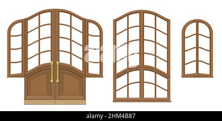 Vecteur.Un ensemble de portes et de fenêtres en bois classiques.Modèles pour la conception.Menuiserie vintage et mobilier Illustration de Vecteur