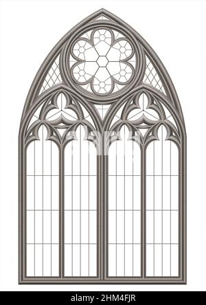 Fenêtre médiévale en vitraux gothique réaliste et arche en pierre à l'ombre.Ombre transparente.Arrière-plan ou texture.Élément architectural Illustration de Vecteur