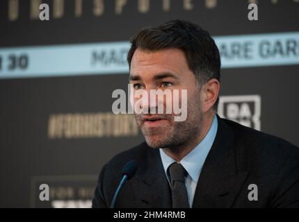 The Leadenhall Building, Royaume-Uni.07th févr. 2022.Eddie Hearn Président, Matchroom Sport lors de la conférence de presse avant le combat Katie Taylor / Amanda Serrano au Madison Square Gardens en avril 2022, à Landing quarante-deux, le Leadenhall Building, en Angleterre, le 7 février 2022.Photo d'Alan Stanford.Crédit : Prime Media Images/Alamy Live News Banque D'Images