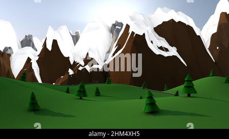 Paysage de montagne et forêt de pins dans la journée. 3d rendu. Banque D'Images