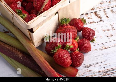 Fraises et rhubarbe fraîchement récoltées, avec un petit panier en bois Banque D'Images