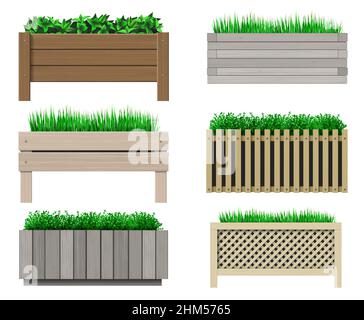 Graphiques vectoriels.Un ensemble de pots en bois pour plantes.Herbe et fleurs Illustration de Vecteur