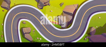 Vue de dessus de la route sinueuse de voiture, la montagne en serpentin.Illustration vectorielle de la vue aérienne du paysage d'été avec route en asphalte courbe, herbe verte et rochers Illustration de Vecteur