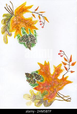 Cadre décoratif coloré avec feuilles d'automne, illustration dessinée à la main. Banque D'Images
