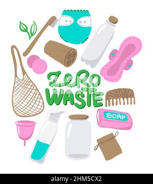 Logo zéro déchets réutilisables réutilisables ou des produits - Eco style. Pas de plastique. Passez au vert. Affiche lettrage textile t-shirt design graphique. Belle malade Illustration de Vecteur