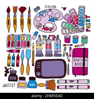 Esquisse des outils d'art vectoriel. Définir les fournitures de l'artiste vectoriel dessinées à la main.Tablette graphique Doodle, marqueurs et peintures.Arrière-plan artistique Illustration de Vecteur
