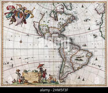 1658 Visscher Carte de l'Amérique du Nord et Amérique du Sud Banque D'Images