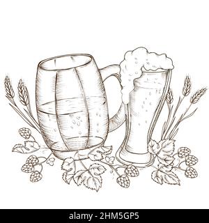 Tasse à bière et verre avec houblon et épis d'orge, vecteur gravé à la main. Illustration de Vecteur