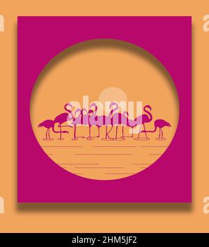 La Floride est énoncée dans les jambes d'une volée de flamants debout dans l'eau peu profonde au coucher du soleil dans cette illustration à propos de tropical en Floride, aux États-Unis. Banque D'Images