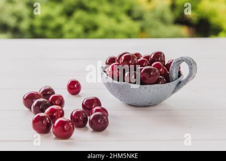 Cerises fraîches dans une assiette bleu clair sur une table en bois blanc avec fond vert vif. Concept été et récolte. Cerisier macro. Végétalien, végétarien, r Banque D'Images