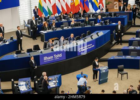 Strasbourg, France - 18 décembre 2019: Discours du Président du Parlement européen David Sassoli lors du prix Sesion Sakharov de la Plenarry: Discours de la fille du lauréat Ilham Tohti Banque D'Images