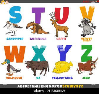 Illustration de dessin animé de l'alphabet coloré éducatif de la lettre S. À Z avec des personnages animaux amusants Illustration de Vecteur