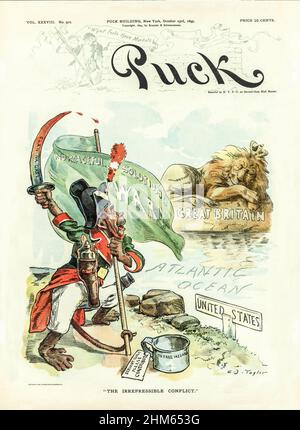 Une couverture du American Puck Magazine de la fin du 19th siècle avec une bande dessinée d'un singe portant un uniforme militaire, tenant une épée intitulée 'Clan-na-Gael' et un drapeau qui déclare 'pas de solution pacifique! La guerre!'. Il se trouve sur un sol étiqueté « États-Unis », tout en regardant à travers l'« océan Atlantique » à un lion qui se déforme sur un sol étiqueté « Grande-Bretagne ». Au pied du singe se trouve une tasse intitulée « to Free Ireland », avec une étiquette indiquant « Server Girls Please Contribute ». Banque D'Images