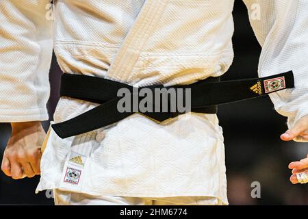 L'illustration montre un judogi/kimono blanc d'un combattant judoka/judo (ceinture noire) lors du Grand Chelem 2022 de Paris, IJF World Judo Tour le 6 février 2022 à l'Accor Arena de Paris, France - photo Victor Joly / DPPI Banque D'Images