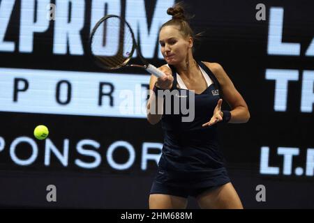 Saint-Pétersbourg, Russie.07th févr. 2022.Veronika Kudermetova, de Russie, joue contre Belinda Bencic, de Suisse, lors du tournoi de tennis 2022 du Trophée des dames de Saint-Pétersbourg.Note finale: (Veronika Kudermetova 1-2 Belinda Bencic) crédit: SOPA Images Limited/Alamy Live News Banque D'Images