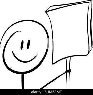 Happy Stick figure personnage de dessin animé tenant un signe blanc pour vous pour ajouter votre propre message Illustration de Vecteur