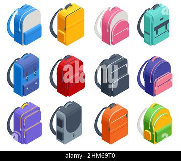 Sac à dos d'école de couleur isométrique isolé sur blanc. Sacs à dos pour écoliers et étudiants. Éducation et étude de retour à l'école, sac d'école bagages Illustration de Vecteur