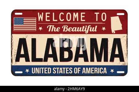 Bienvenue à Alabama plaque d'immatriculation rouille vintage sur fond blanc, illustration vectorielle Illustration de Vecteur