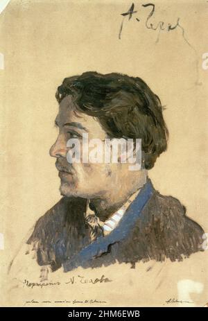 L'auteur russe Anton Chekhov en 1889, âgé de 29 ans.Peinture par Isaac Levitan. Banque D'Images