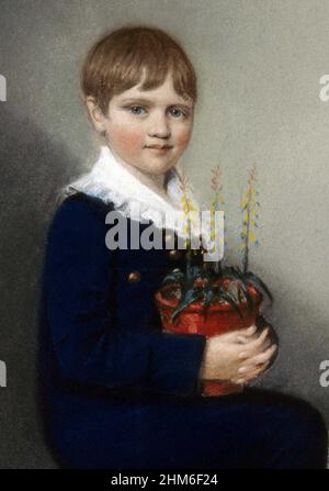 Un portrait de l'écrivain anglais et fondateur de la théorie de la sélection naturelle, Charles Darwin comme un garçon de sept ans.Portrait d'Ellen Sharples Banque D'Images