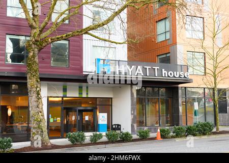Seattle - 06 février 2022; Hyatt House Hotel dans le centre-ville de Seattle montrant le logo et le nom de la propriété pour séjour prolongé Banque D'Images