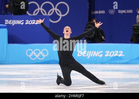 Pékin, Chine. 8th févr. 2022. Nikolaj Majorov, de Suède, lors de la compétition de patinage artistique masculin dans le stade intérieur de la capitale, aux Jeux Olympiques d'hiver de Beijing 2022, le 8 février 2022. Photo de Richard Ellis/UPI crédit: UPI/Alay Live News Banque D'Images