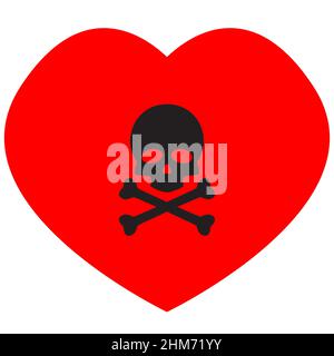 cœur rouge avec une icône de crâne sur fond blanc. Joli motif coeur. style plat. Banque D'Images