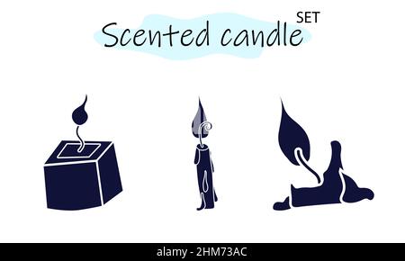 Un ensemble de bougies parfumées avec un feu de cheminée. Bougies pour l'intérieur, l'éclairage et les dates romantiques. Aromathérapie. Illustration vectorielle monochrome unie Illustration de Vecteur