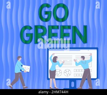 La légende conceptuelle passe au vert. Mot pour prendre des décisions plus respectueuses de l'environnement comme réduire le recyclage des employés dessin debout à côté de la table Banque D'Images