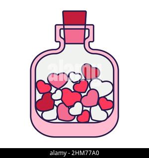 Bouteille icône rétro de la Saint-Valentin avec coeurs. Symbole de l'amour dans un style pop-line tendance. Le joli bacon est de couleur rose, rouge et corail. Illustration de Vecteur