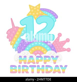 Happy 12th Birthday Twelve Years Pop IT topper or sublimation print pour t-shirt en style un jouet en silicone tendance pour les mégosses. Numéro bleu, unicorn, Illustration de Vecteur