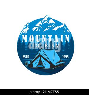 Icône en forme de vecteur touristique d'escalade de montagne avec tente de camping et tapis de tourisme au camp avec pins et sommets de montagne. Aventure en plein air, voyage a Illustration de Vecteur