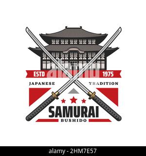 Samouraï bushido icône de la culture japonaise vecteur conception. Ancienne pagode asiatique avec épées de katana croisées, ancienne arme de guerrier oriental ou ar Illustration de Vecteur