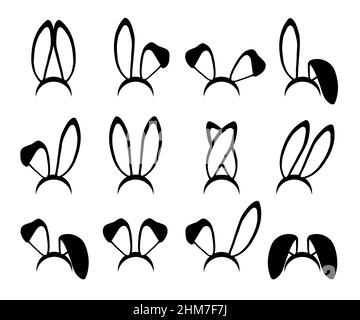 Jeu d'illustrations vectorielles silhouettes pour oreilles de lapin. Serre-tête de lapin Ears de Pâques pour enfant, collection de masques. Élément de dessin animé de contour de costume de lièvre. Éditeur de photos, Illustration de Vecteur