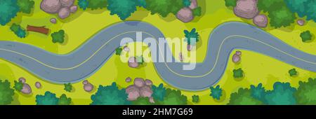 Vue de dessus de la route sinueuse de voiture, arbres et buissons. Illustration vectorielle de la vue aérienne du paysage d'été avec route en asphalte courbe, herbe verte et pierres Illustration de Vecteur