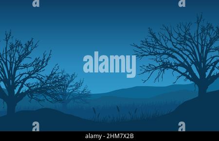 Vue magnifique sur la montagne la nuit depuis le village avec une silhouette esthétique de sapin sec. Illustration vectorielle d'une ville Illustration de Vecteur