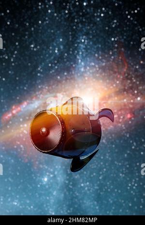 Vaisseau spatial en colifi rouillé dans l'espace avec des étoiles et une galaxie spirale en arrière-plan. Couverture de livre de science-fiction ou conception d'affiche. Galaxy dans le mobilier d'image Banque D'Images