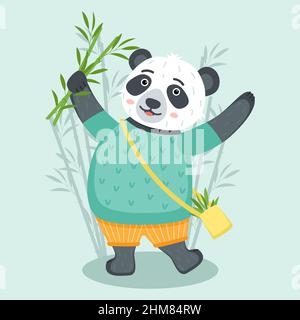 Panda mignon gai avec bambou, illustration vectorielle Illustration de Vecteur