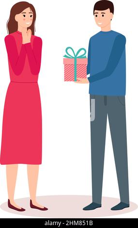 Homme donnant cadeau à la femme, cadeau d'anniversaire, surprise de jour de Saint Valentin, illustration vectorielle Illustration de Vecteur