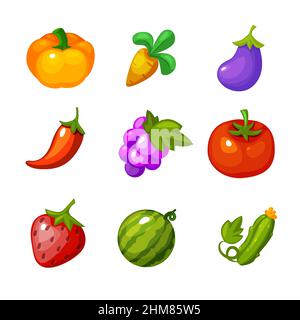 Ensemble de légumes vectoriels et de baies pour jeux de ferme. Illustration de Vecteur