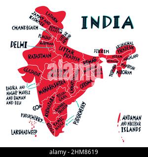 Carte vectorielle stylisée à la main des États et territoires indiens. Illustration de voyage. Illustration de la géographie de la République de l'Inde. Élément de carte Asie Illustration de Vecteur